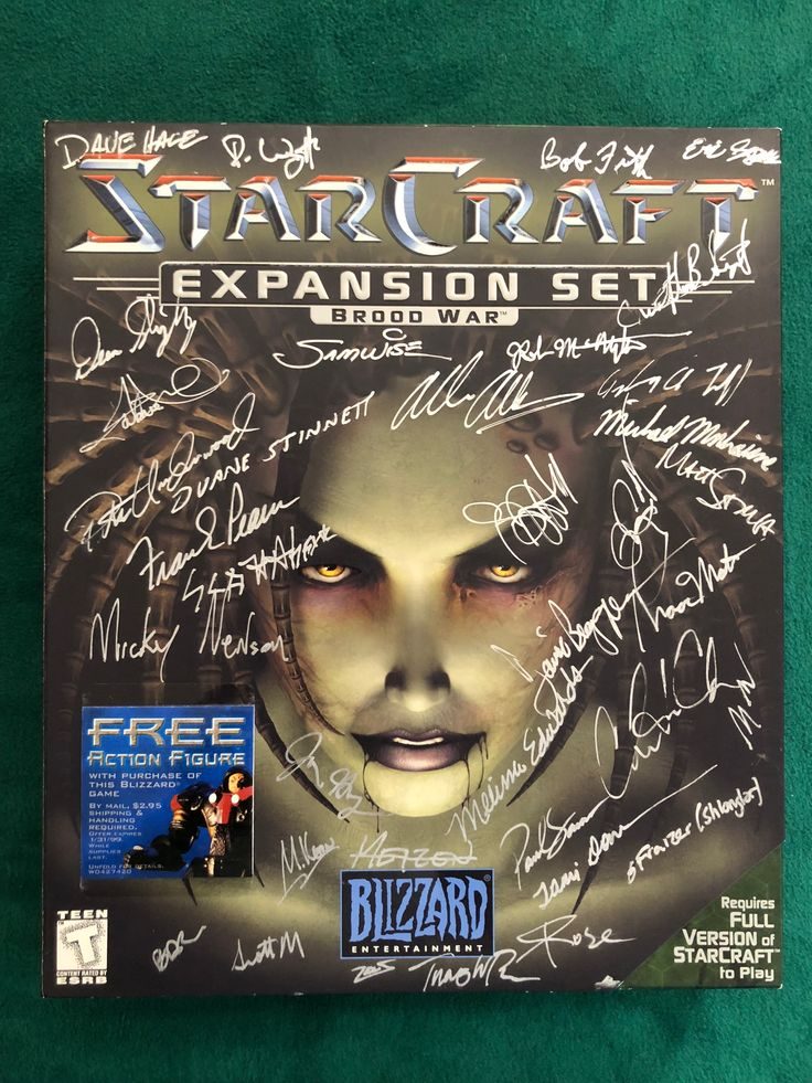 StarCraft: Brood War expansion box covered in Blizzard staff autographs